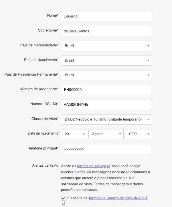 Identificação do solicitante no sistema de agendamento Primeira parte do formulário de dados do solicitante, com nome, sobrenome, países, número do passaporte, número do DS-160, classe do visto e data de nascimento