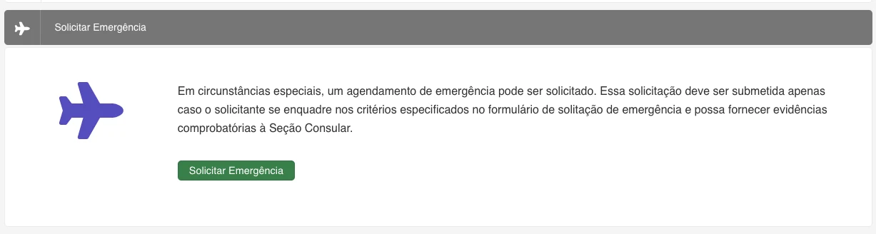 Aviso e botão Solicitar Emergência Aviso do sistema de agendamento sobre os critérios do pedido, com o botão Solicitar Emergência