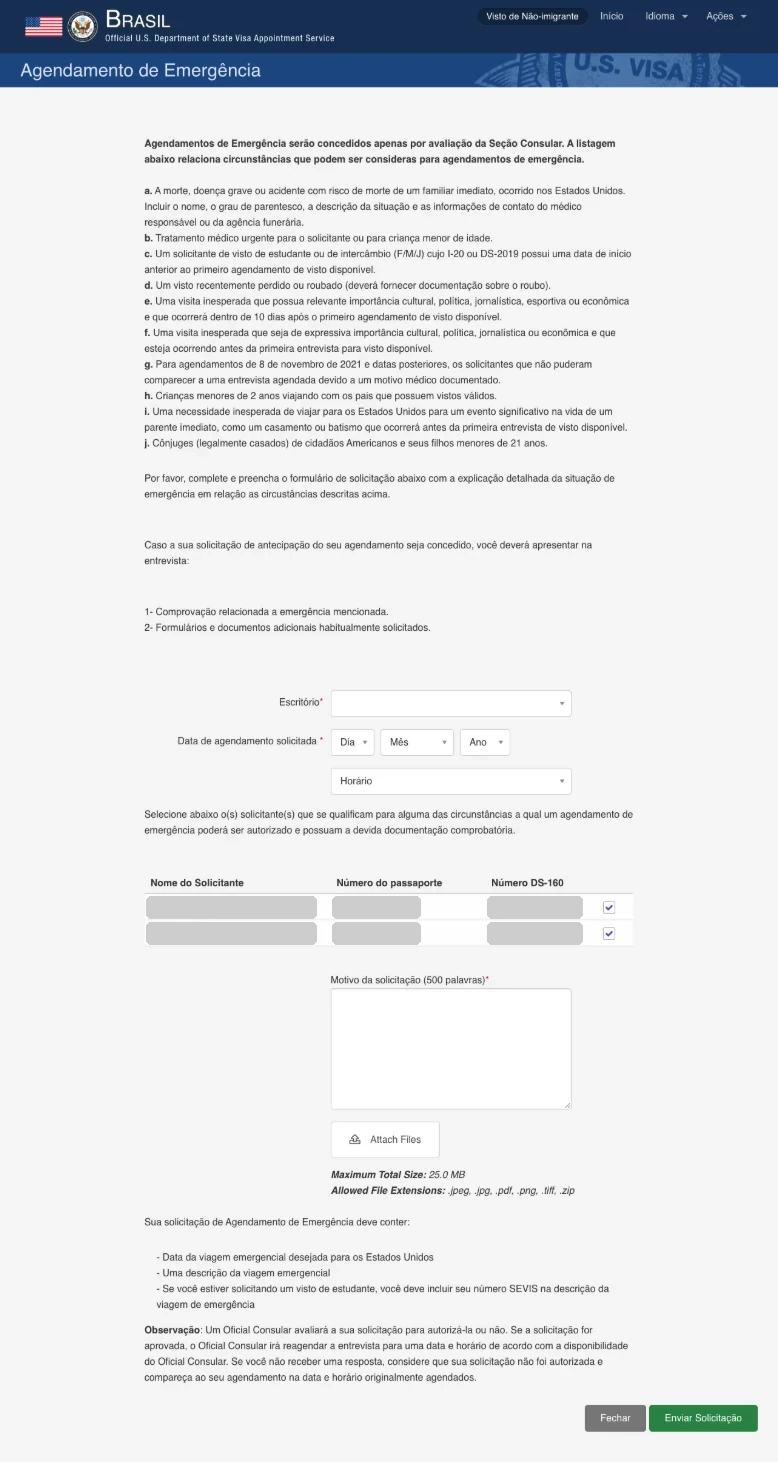 Formulário de Agendamento de Emergência Formulário de Agendamento de Emergência com as situações de a até j e os dados dos solicitantes tarjados