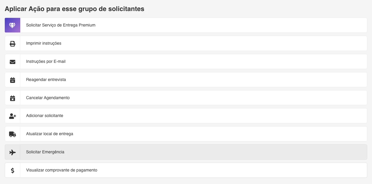 Menu de ações do grupo de solicitantes com a opção Solicitar Emergência Menu de ações do grupo no sistema de agendamento do visto americano, com a opção Solicitar Emergência