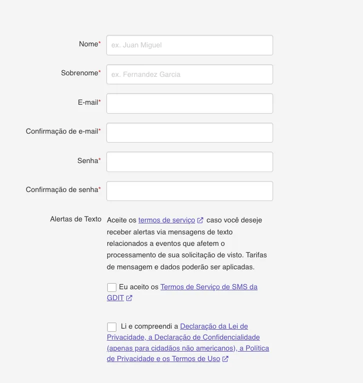 Formulário de cadastro no sistema de agendamento Formulário de cadastro do sistema de agendamento com os campos nome, sobrenome, e-mail, confirmação de e-mail, senha e os aceites de termos