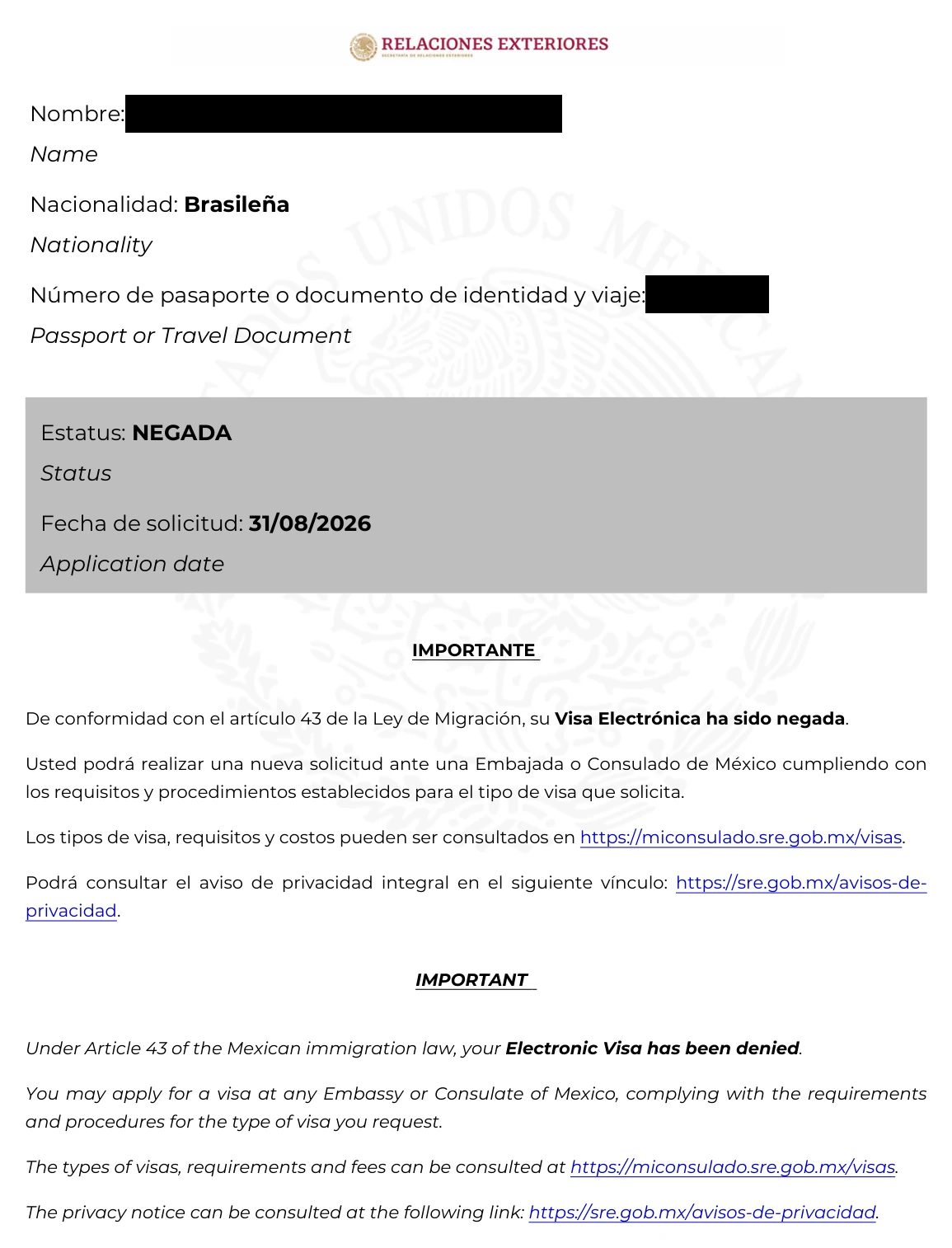 Carta real de negativa de e-Visa do México emitida pela Secretaría de Relaciones Exteriores, com status NEGADA e a orientação de solicitar o visto em uma embaixada ou consulado; nome e passaporte da solicitante ocultados