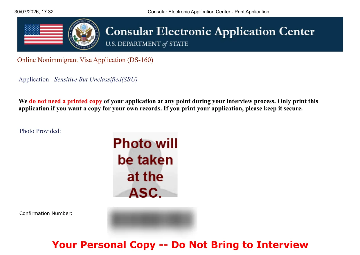 Aplicação completa do DS-160: cópia pessoal, não levar à entrevista Topo da aplicação completa do DS-160 com o aviso em vermelho Your Personal Copy Do Not Bring to Interview