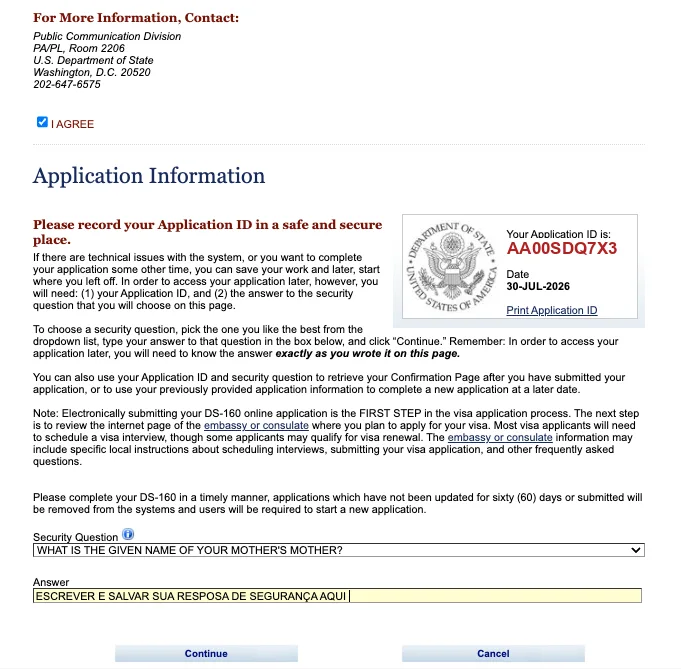 Tela do Application ID e da pergunta de segurança no DS-160 Tela Application Information do DS-160 mostrando o Application ID em vermelho, a data e o campo de pergunta e resposta de segurança