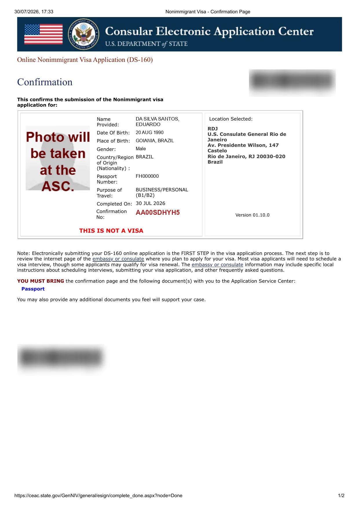 Página de confirmação do DS-160 Página de confirmação do DS-160 com nome, data de nascimento, número do passaporte, número de confirmação começando com AA e o aviso YOU MUST BRING