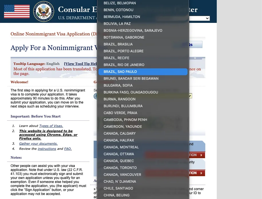 Seleção do consulado na tela inicial do DS-160 Tela inicial do DS-160 no CEAC com a lista de consulados aberta, mostrando Brasil Brasília, Porto Alegre, Recife, Rio de Janeiro e São Paulo