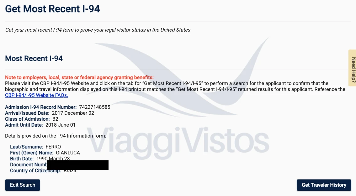 Resultado Most Recent I-94 no site oficial do CBP mostrando os campos Record Number, Arrival/Issued Date, Class of Admission B2 e Admit Until Date; dados pessoais ocultados