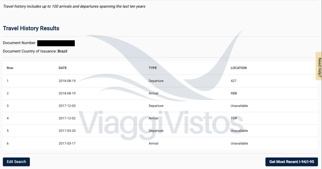 Tela Travel History Results do site oficial do CBP listando Departures e Arrivals com datas e locais, incluindo linhas marcadas como Unavailable; dados pessoais ocultados