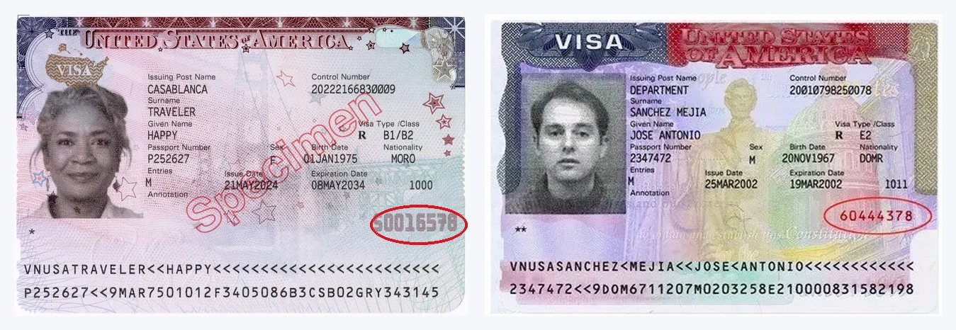 Número do visto americano circulado nos dois modelos: no layout novo, no canto inferior direito; no layout antigo, na lateral direita, sempre em tinta vermelha
