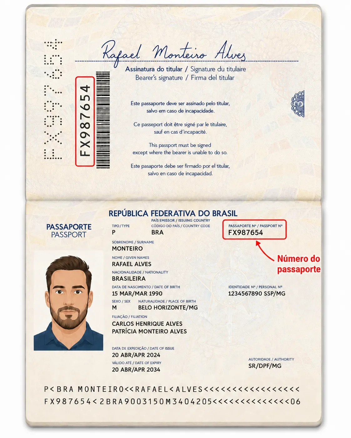 Página de identificação de um passaporte brasileiro com o campo Passaporte nº destacado em vermelho ao lado da foto, mostrando o formato de 2 letras e 6 dígitos Página de identificação de um passaporte brasileiro com o campo Passaporte nº destacado em vermelho ao lado da foto, mostrando o formato de 2 letras e 6 dígitos
