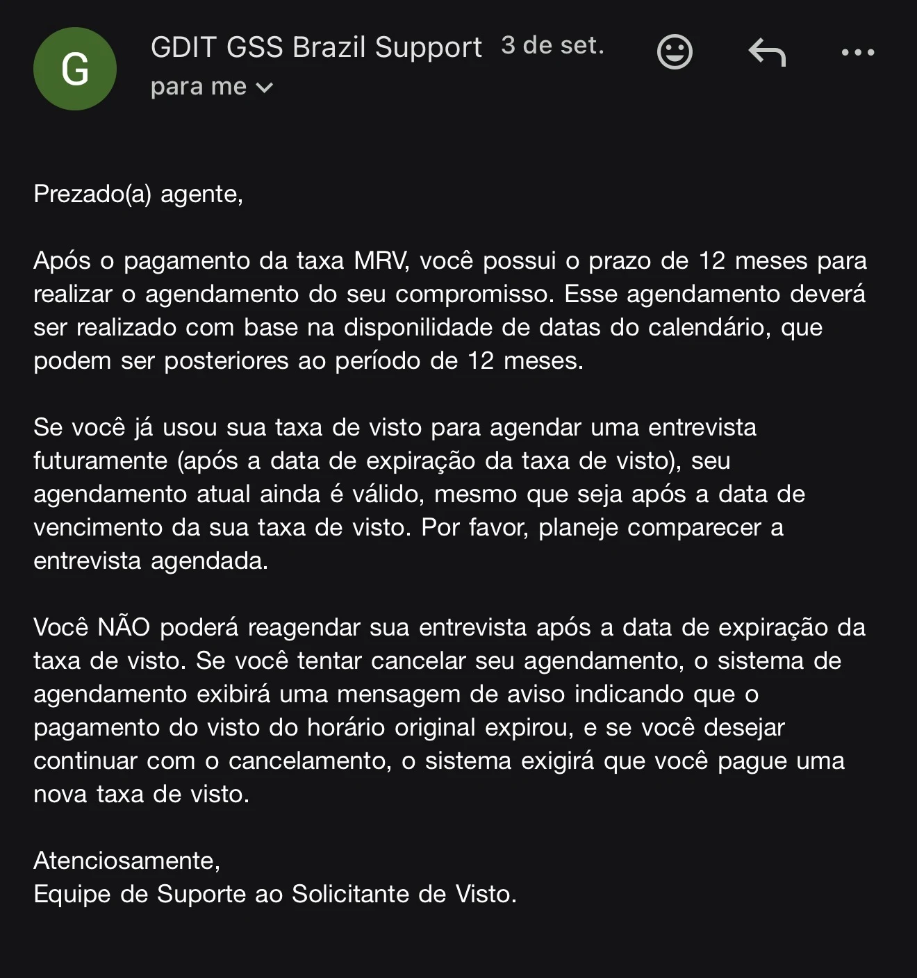 Captura da resposta do GDIT GSS Brazil Support, de 3 de setembro de 2026, confirmando que a entrevista marcada durante a validade da taxa MRV continua válida após o vencimento e que remarcar depois exige nova taxa