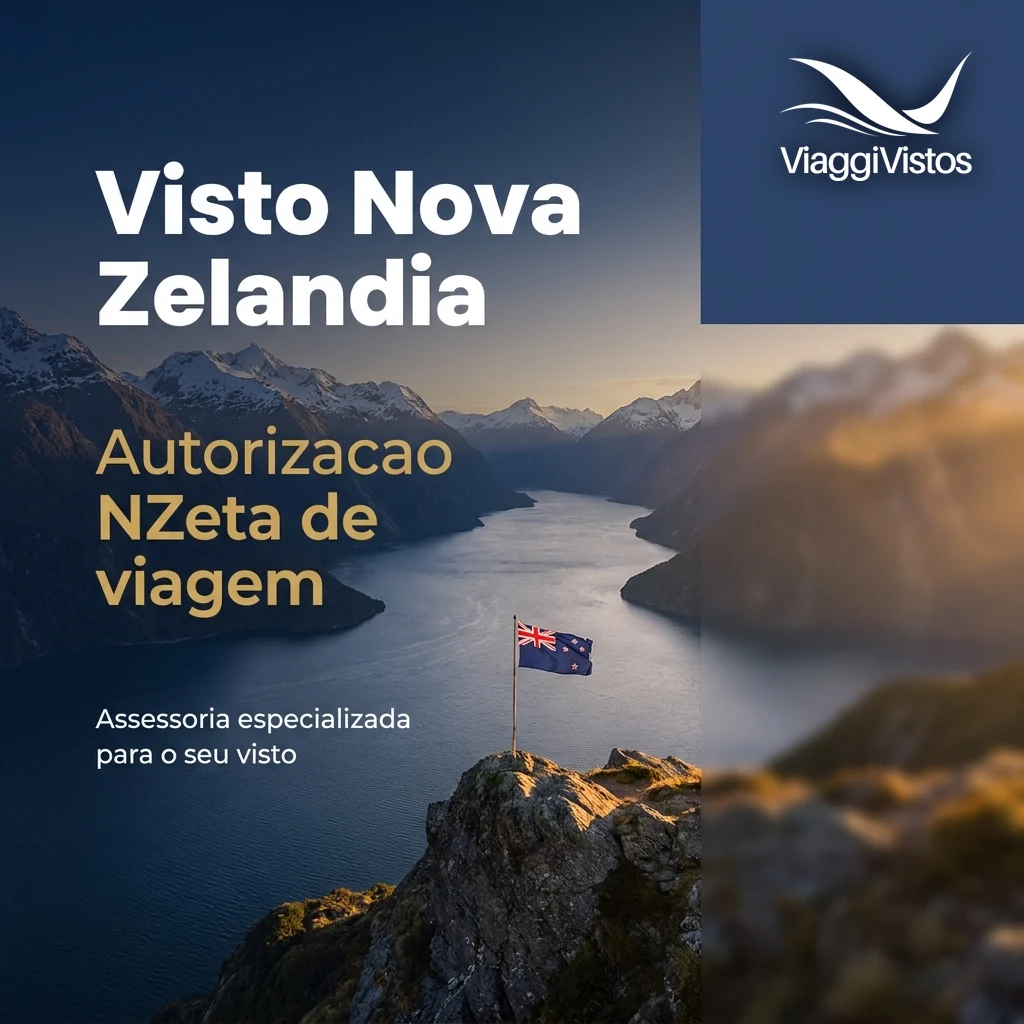 Lago de águas calmas e montanhas verdes da Nova Zelândia, paisagem típica de quem viaja a turismo